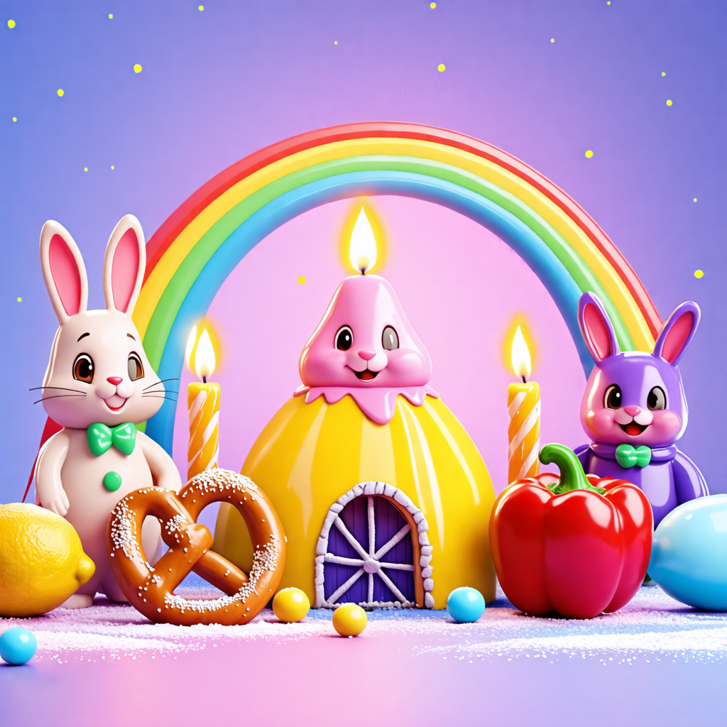 bunny, pretzel, igloo, bicycle, candle, rainbow, clown, lemon, bell pepper, chocolate